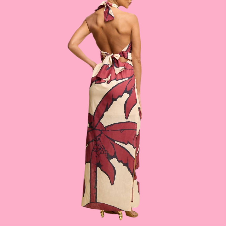 RED PALMS HALTER MAXI DRESS