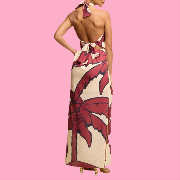 RED PALMS HALTER MAXI DRESS