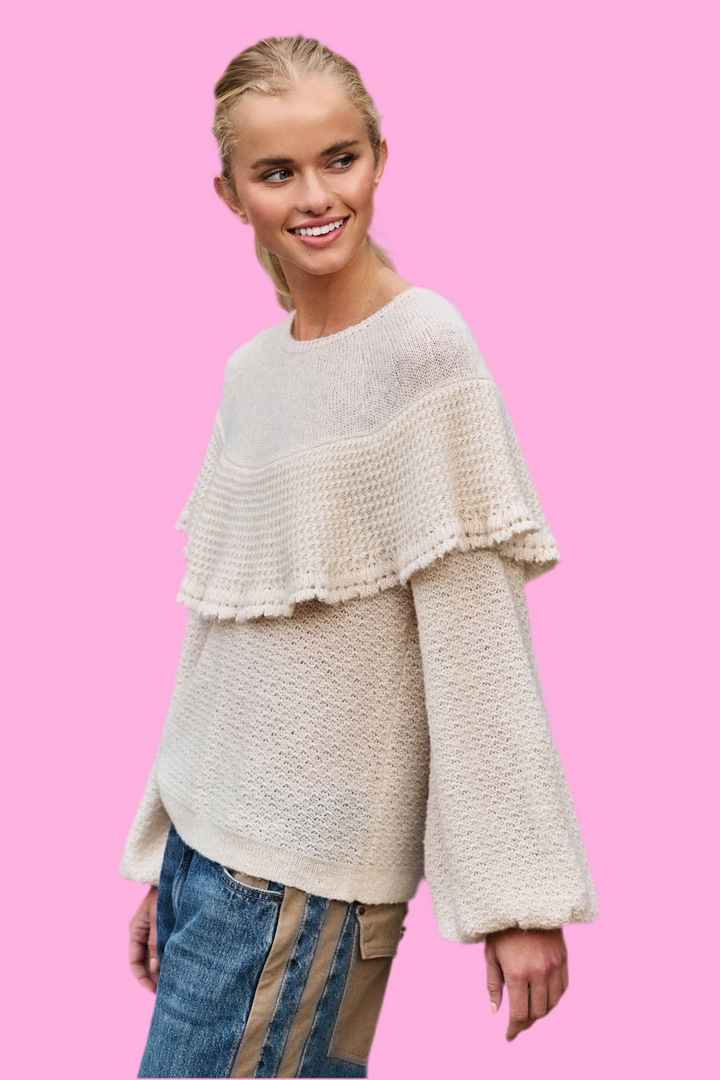 Ruffle Yoke Blouson Sleeve Knit Sweater