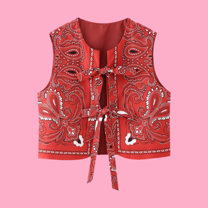 Paisley Print ribbon bow Tie Front Vest in red