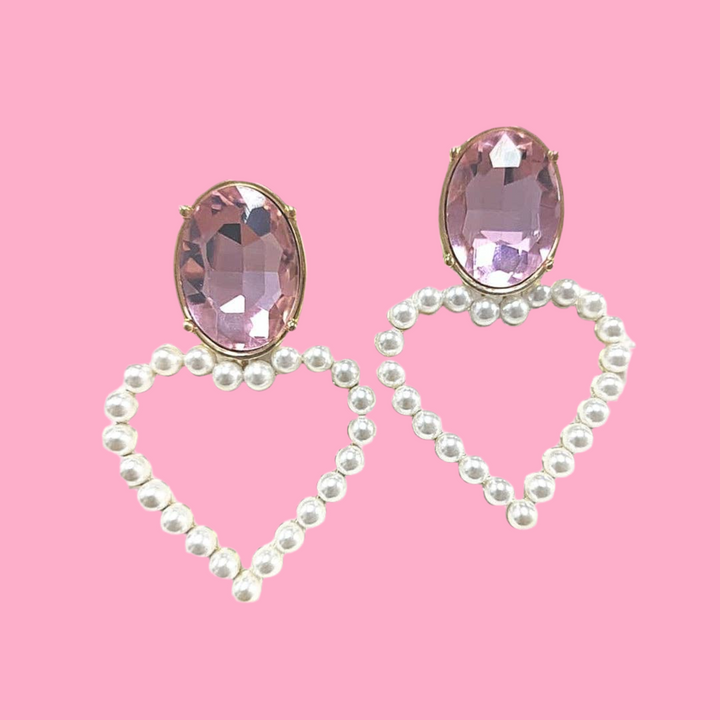 Blush Pink Jewel & Pearl Heart Earri