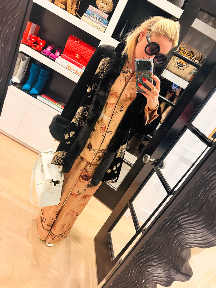 Black Velvet Embroidered Coat for Women