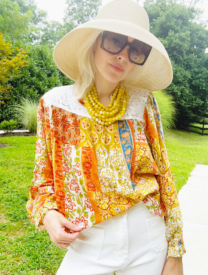 Mixed Print Long Sleeve Blouse with Lace Detail