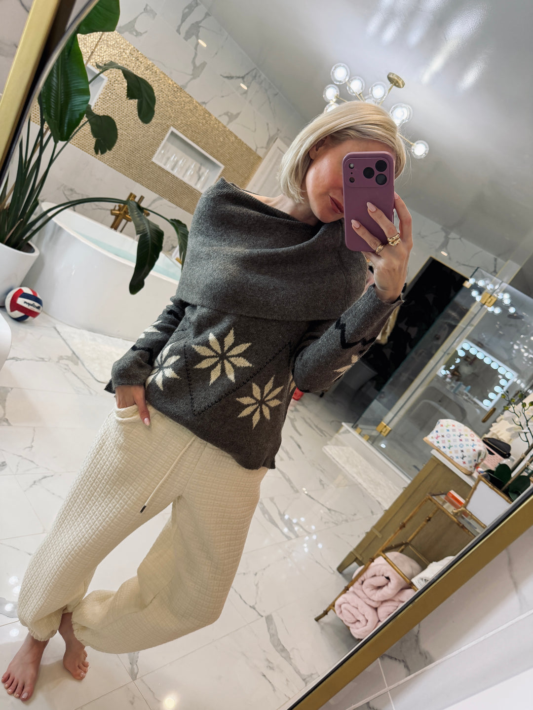 Alpine Knit Off-Shoulder Foldover Sweater