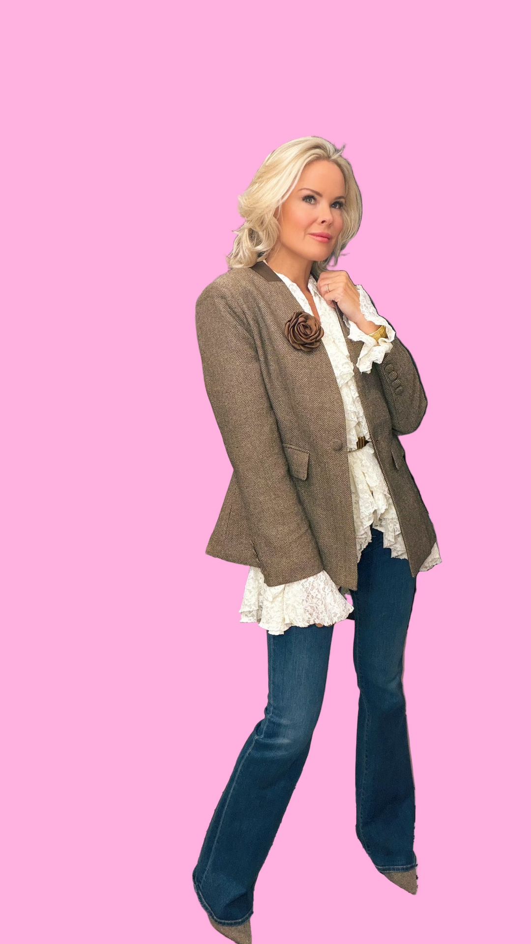 Tweed Blazer with Belt & Flower