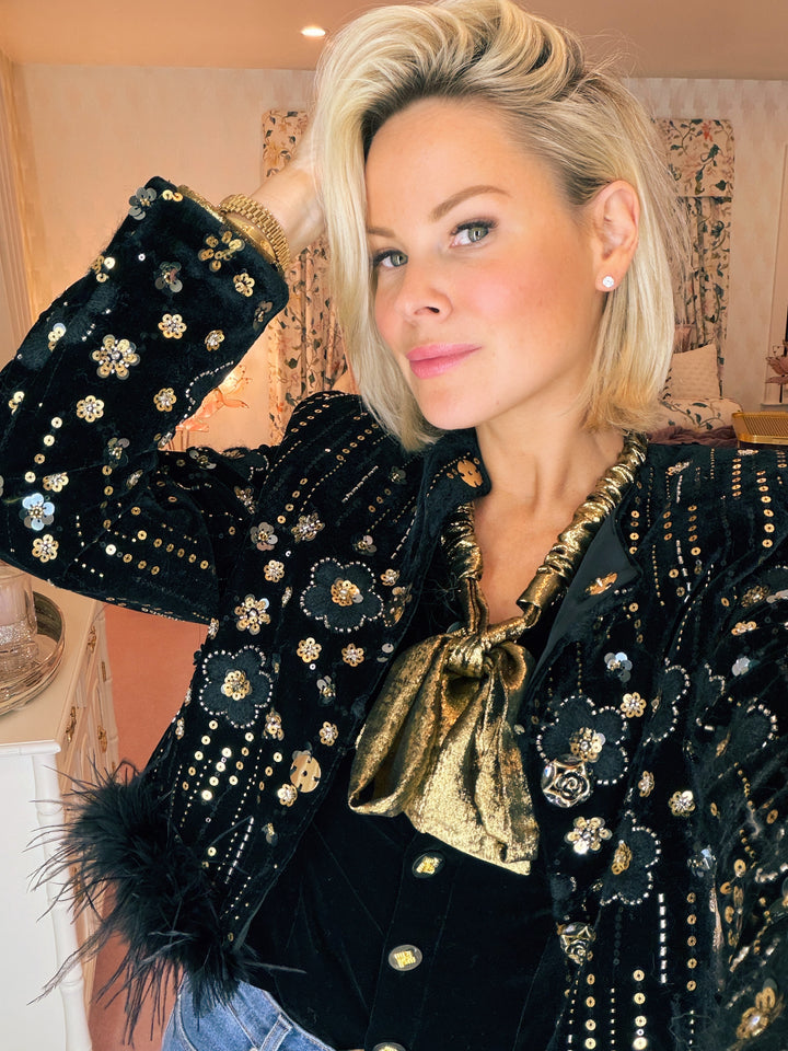 Embroidered Velvet Feather Trim Winter Jacket