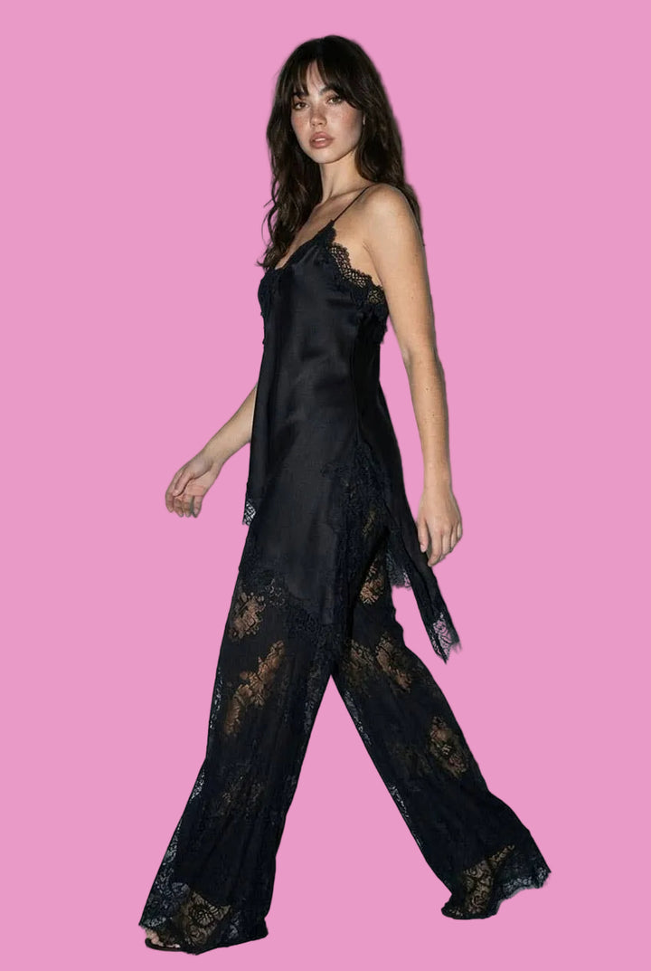 Satin Lace Trim Cami and Pants Set