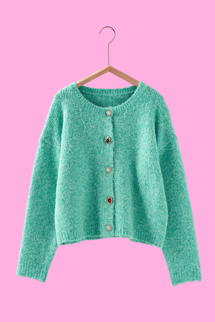 Jeweled Button Fuzzy Knit Crew Cardigan