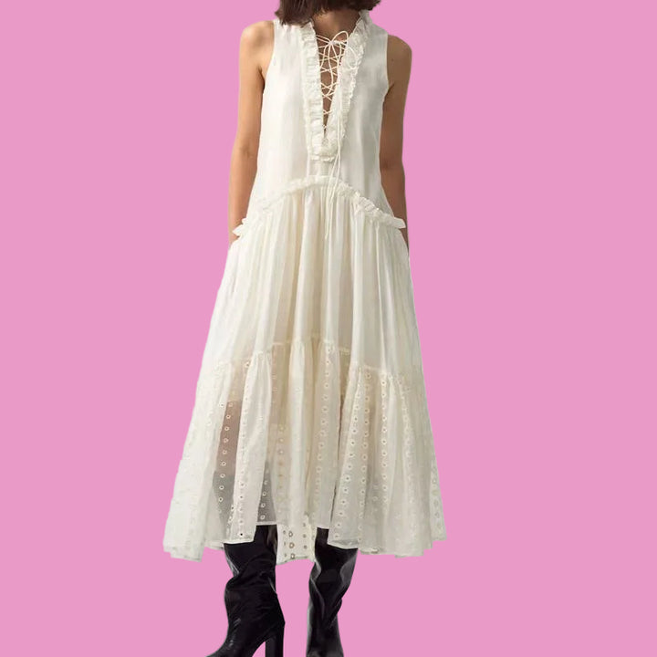 Bohemian Lace-Up Tiered Midi Dress
