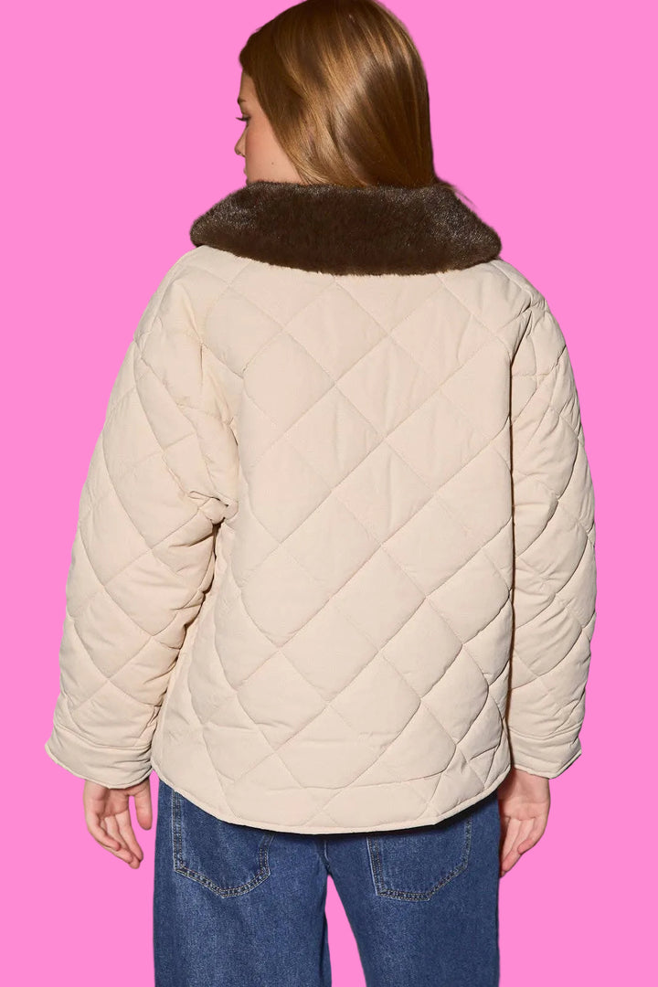 Quilted Oversized Jacket with Detachable Fur Collar