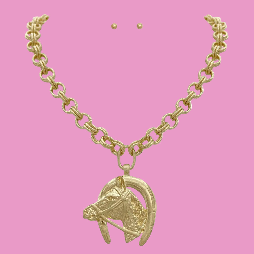HORSESHOE HORSE PENDANT CIRCLE LINK NECKLACE