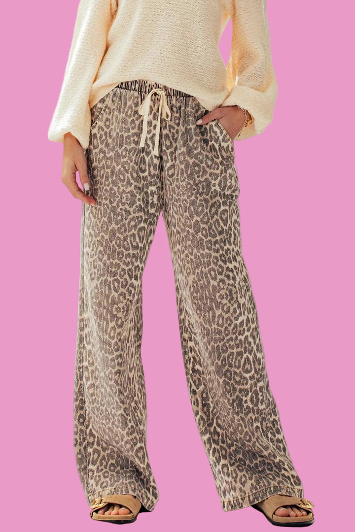 Leopard Print Wide Leg Cotton Pants Drawstring
