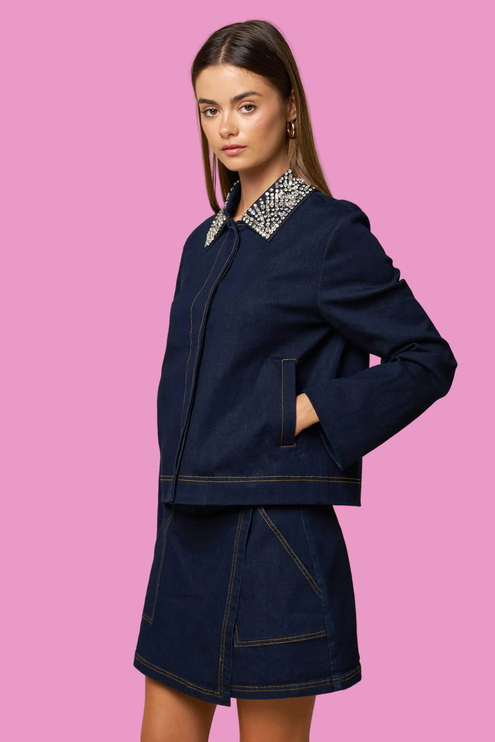 Crystal Embellished Collar Denim Jacket