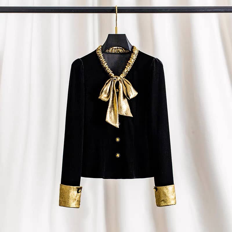 Velvet Bow Tie Blouse