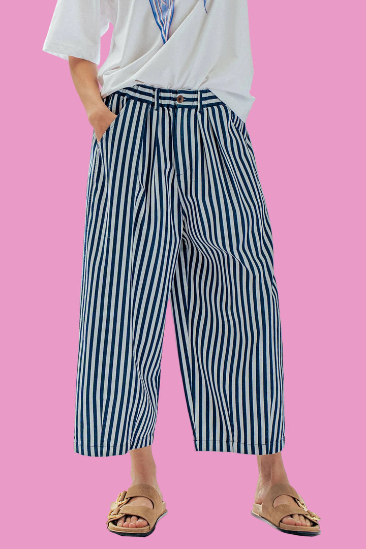 Striped Pleated Wide Leg Culotte Pants