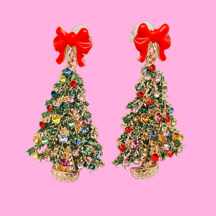 Rhinestone Red Christmas Tree Bow Earring