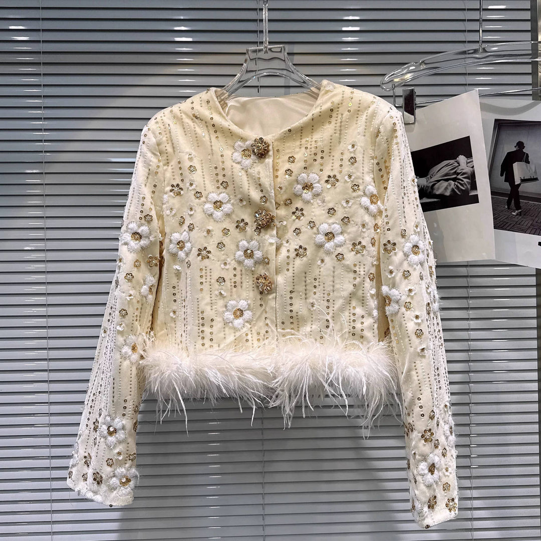 Embroidered Velvet Feather Trim Winter Jacket