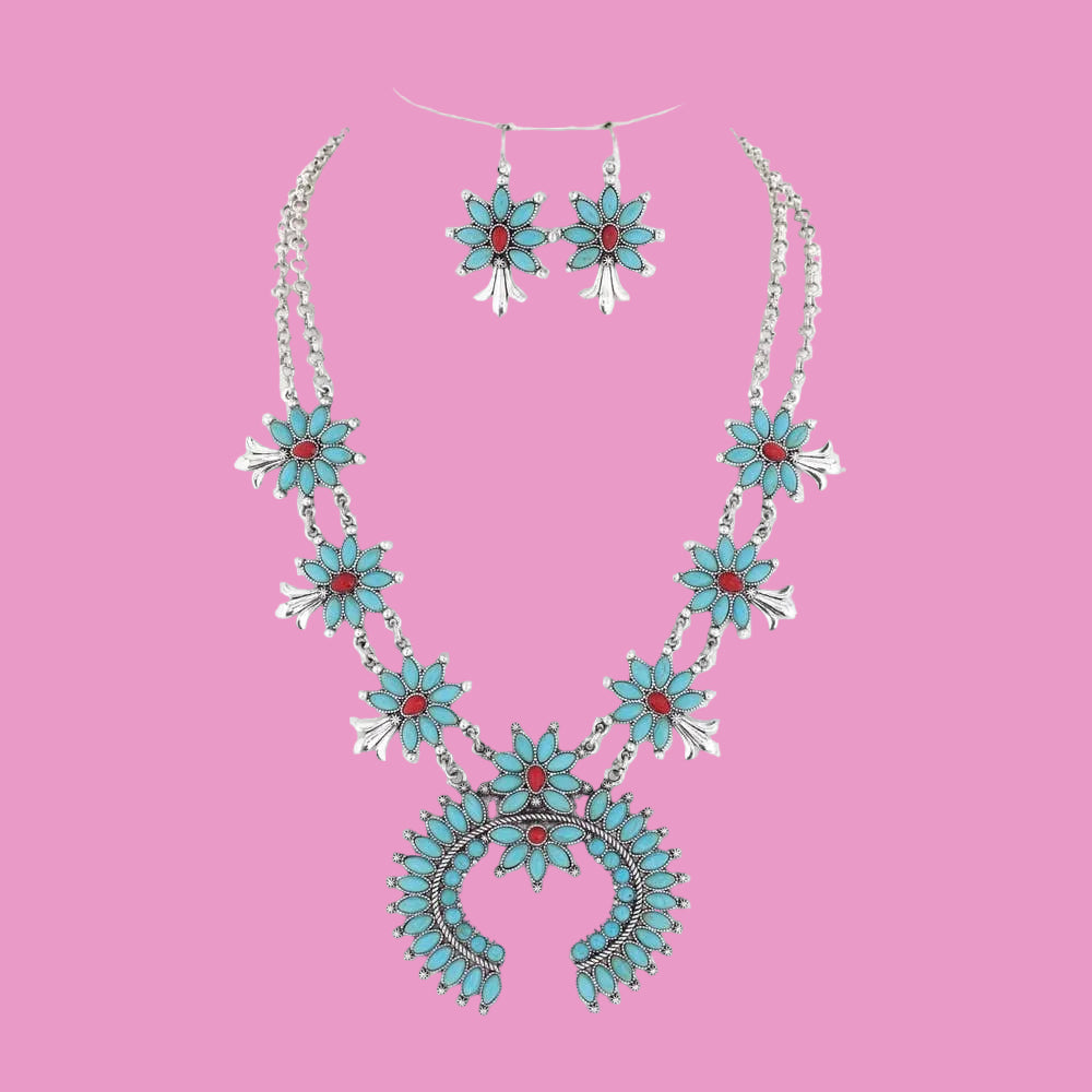 Western Stone Squash Blossom Necklace Earring Set