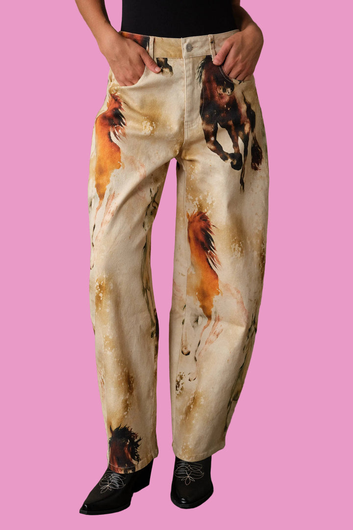 Western Horse Print Barrel Pants