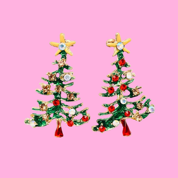 Rhinestone Enamel Christmas Tree Post Earrings