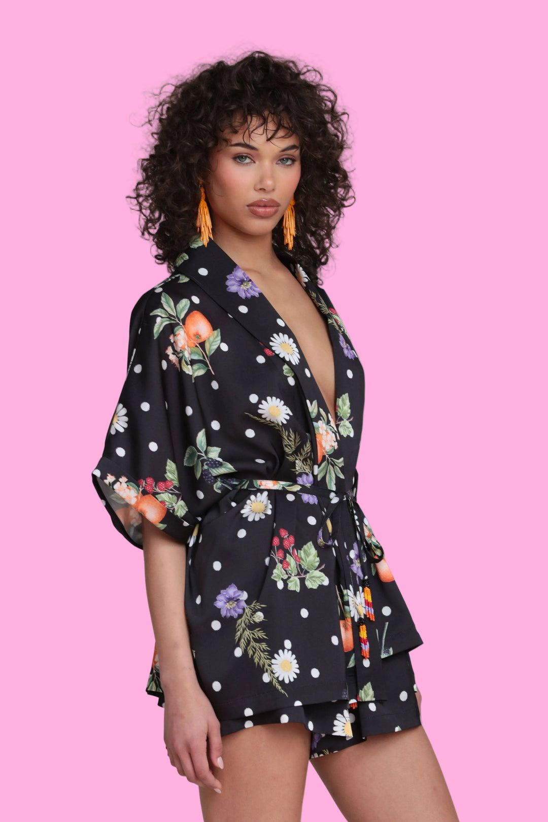 Floral Polka Dot Satin Kimono Top