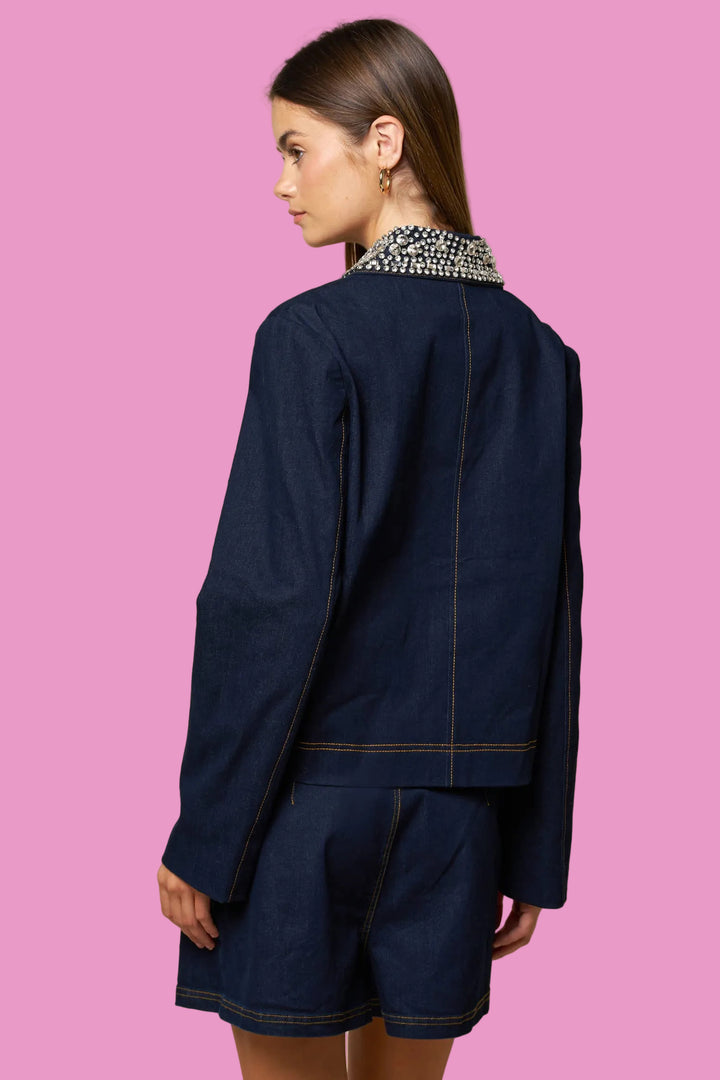 Crystal Embellished Collar Denim Jacket