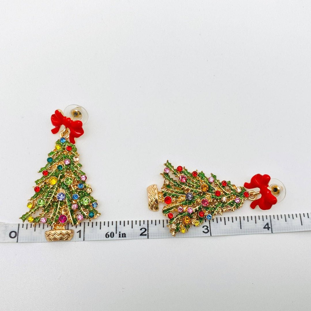 Rhinestone Red Christmas Tree Bow Earring