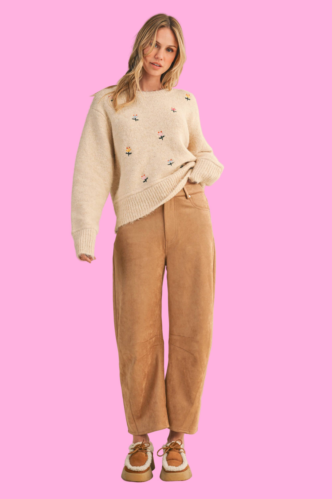 FAUX SUEDE BARREL PANTS