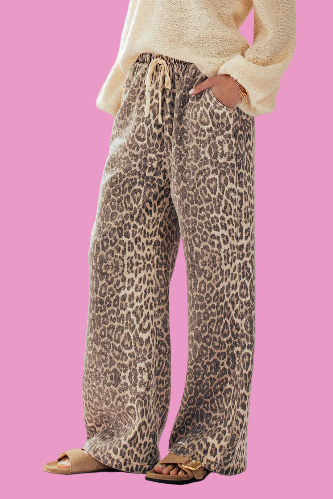 Leopard Print Wide Leg Cotton Pants Drawstring